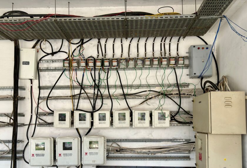 Industrial PLC control cabinet on a discrete manufacturing line