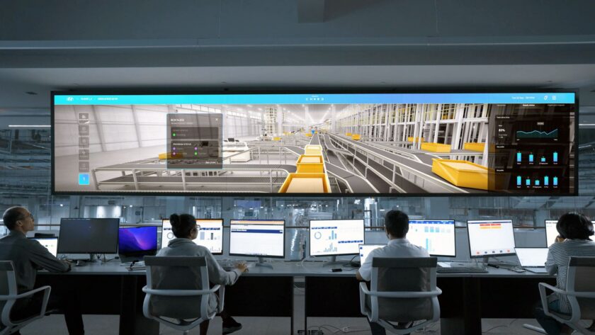 Engineer reviewing network security controls on a monitor in an industrial control room
